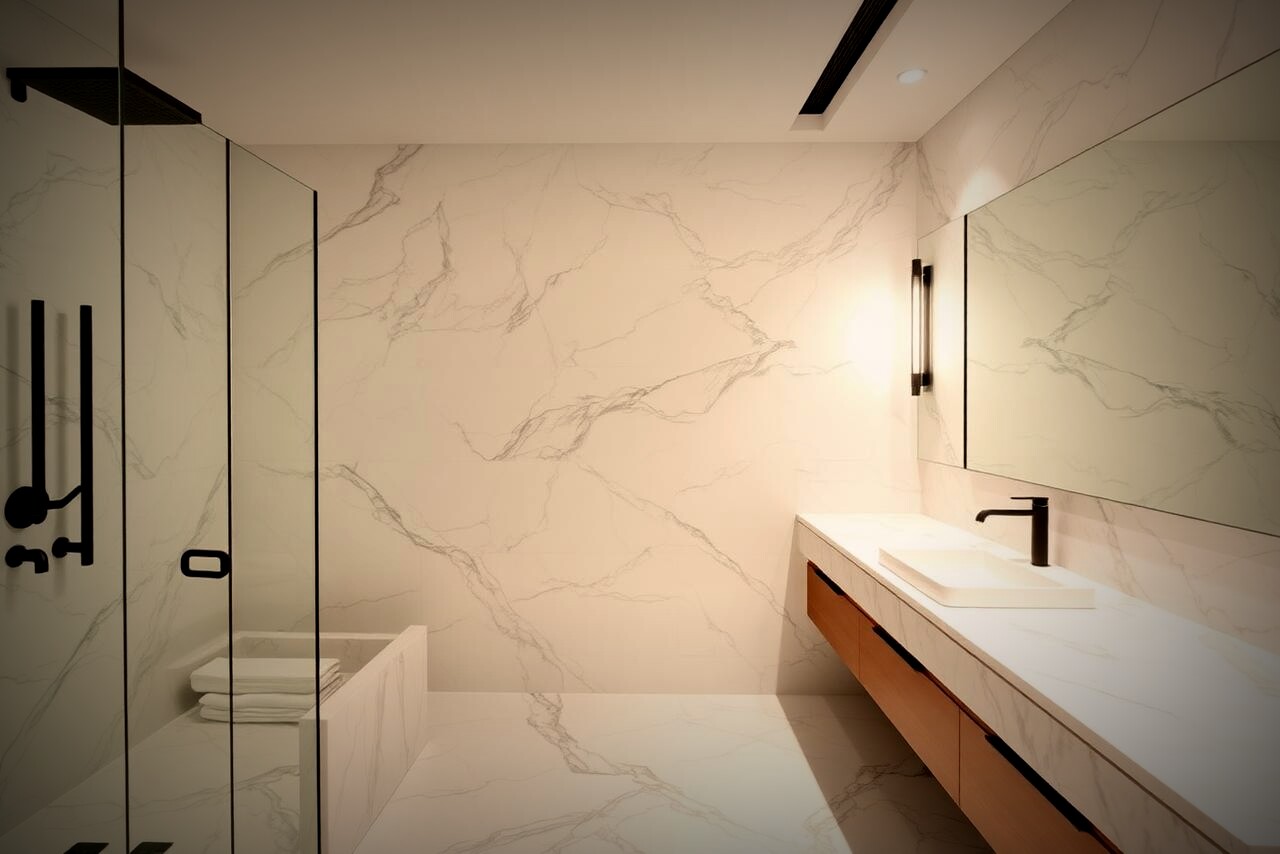 Renovated bathroom with marble tile and floating vanity