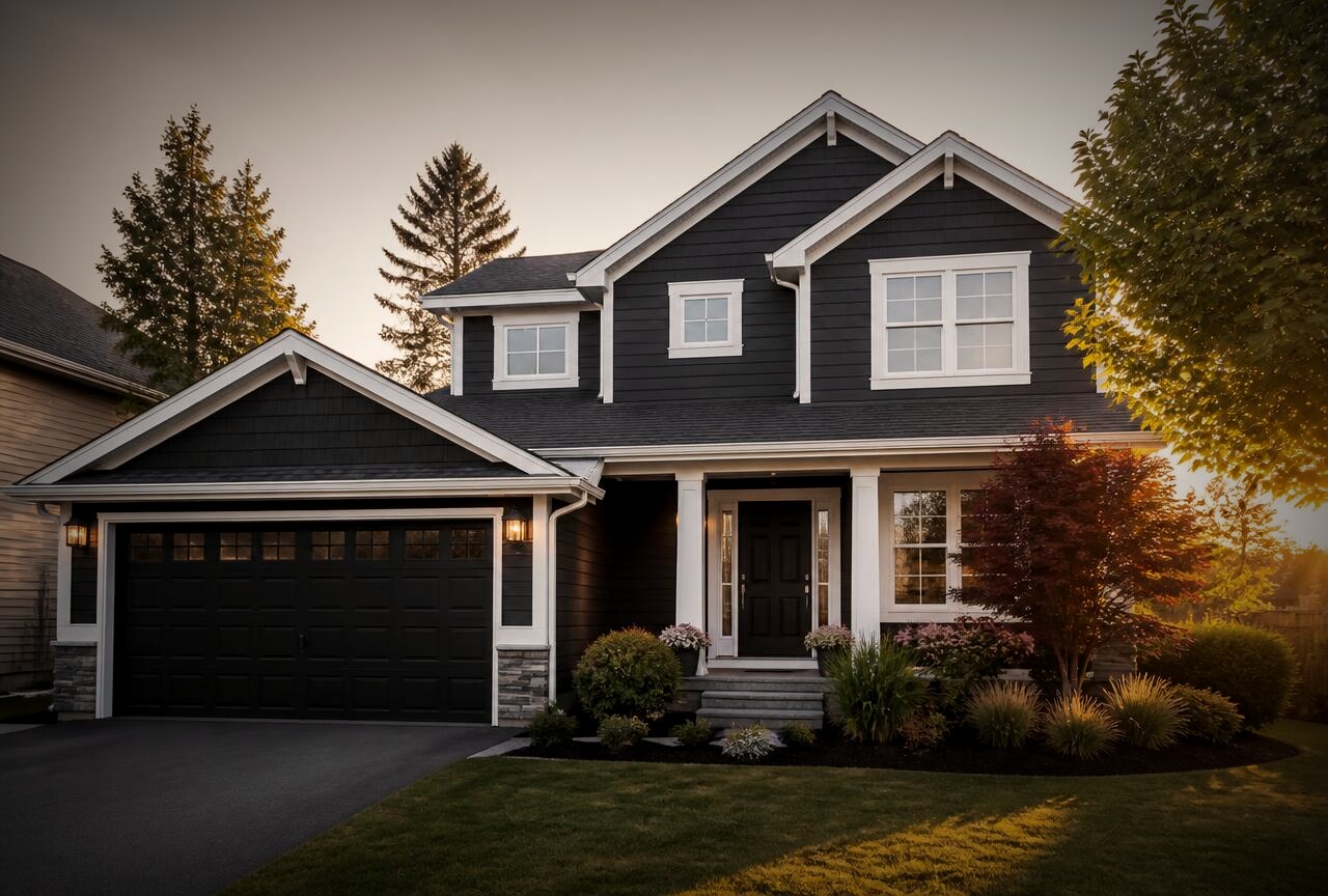 House with fresh charcoal siding and white trim after exterior painting