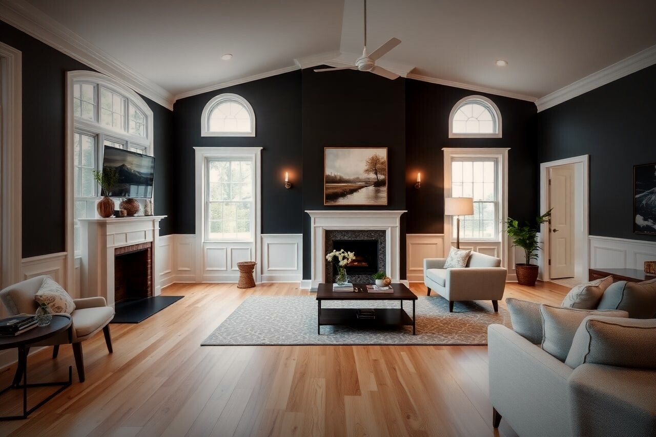 Renovated living room with charcoal accent wall and new hardwood flooring