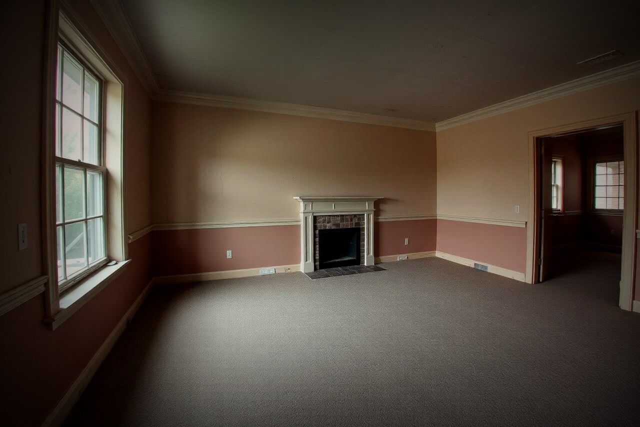 Dated living room with worn carpet and faded walls before renovation