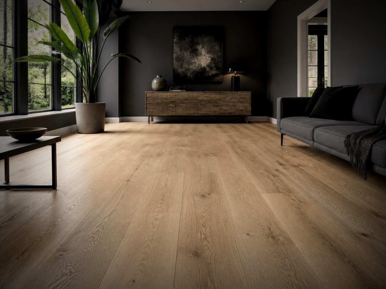 Living room with wide-plank white oak hardwood flooring in a matte natural finish