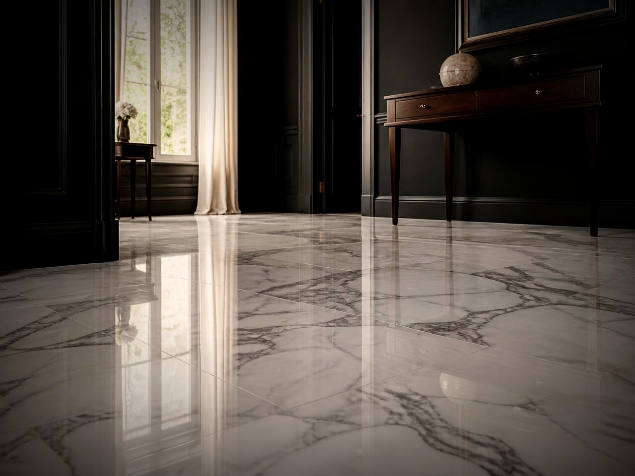 Entry hall with polished Carrara marble floor tiles and soft grey veining