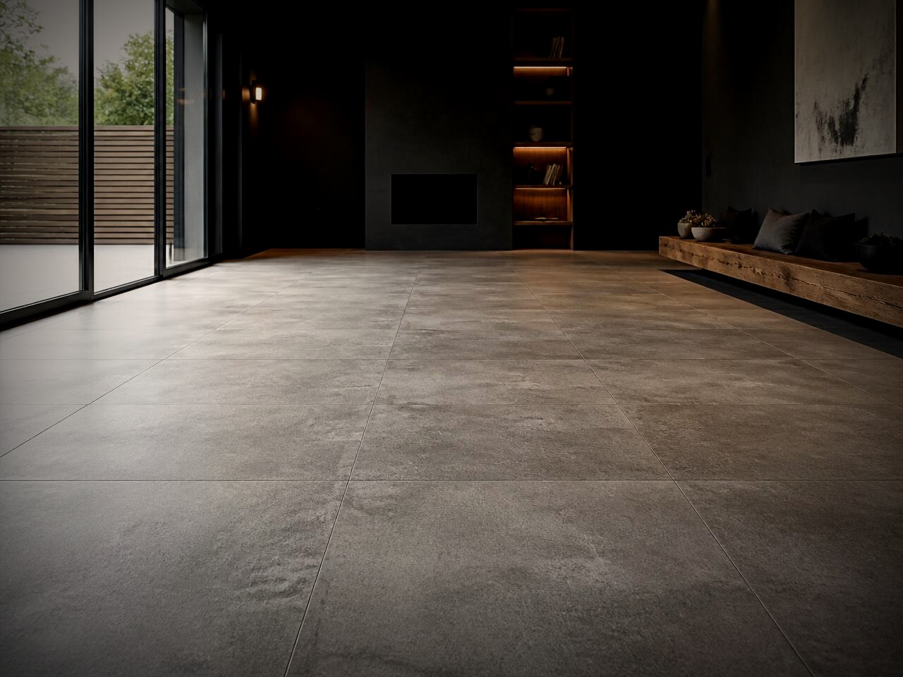 Modern room with large-format grey concrete-look porcelain tile flooring