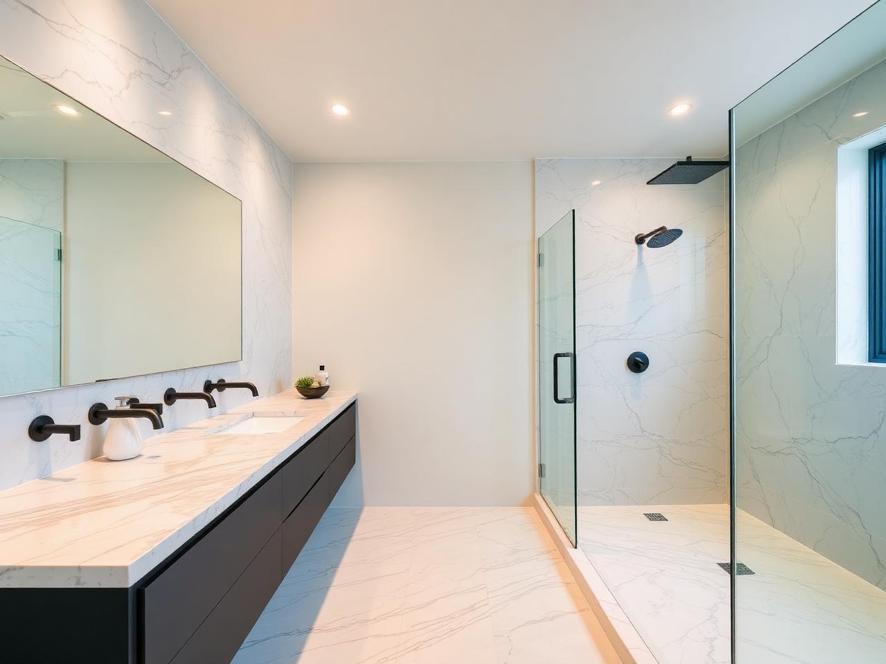 Renovated bathroom with marble tile, floating vanity and matte black fixtures