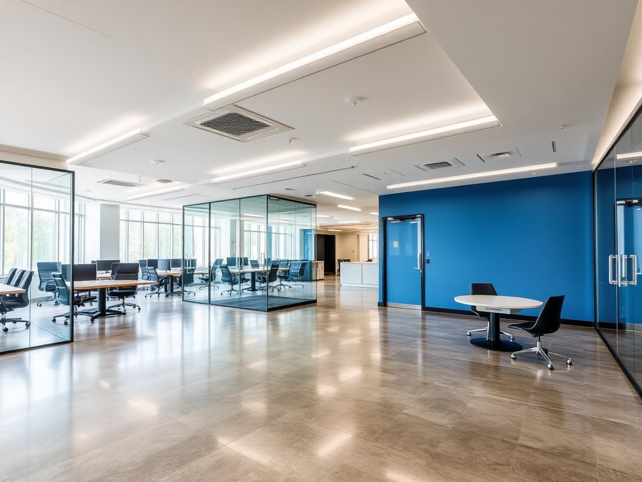 Renovated commercial office space with polished concrete floors and glass partitions