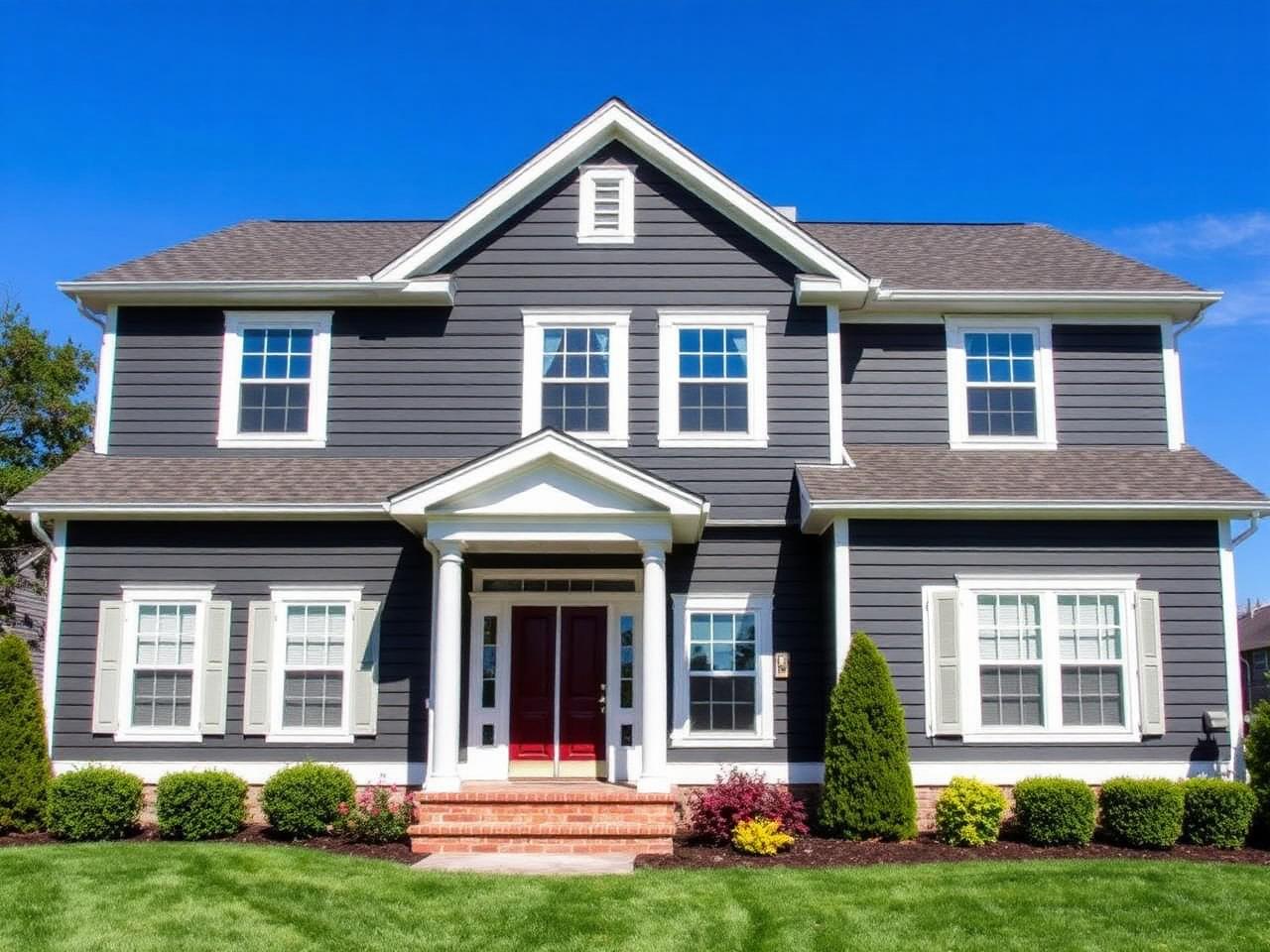 Freshly repainted two-storey house with charcoal siding and white trim
