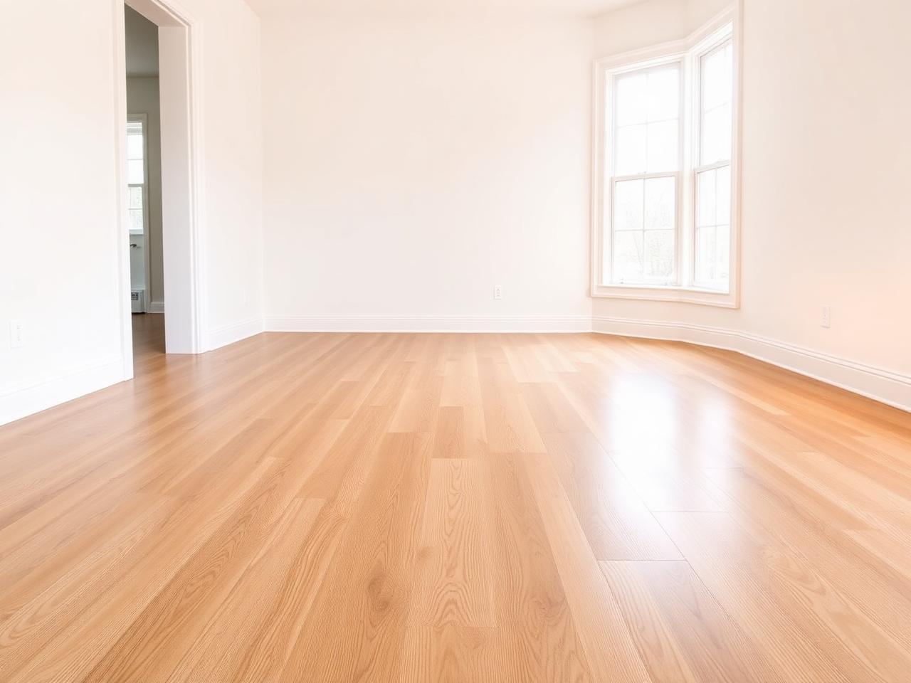 Newly installed wide-plank oak hardwood floor in a bright empty room