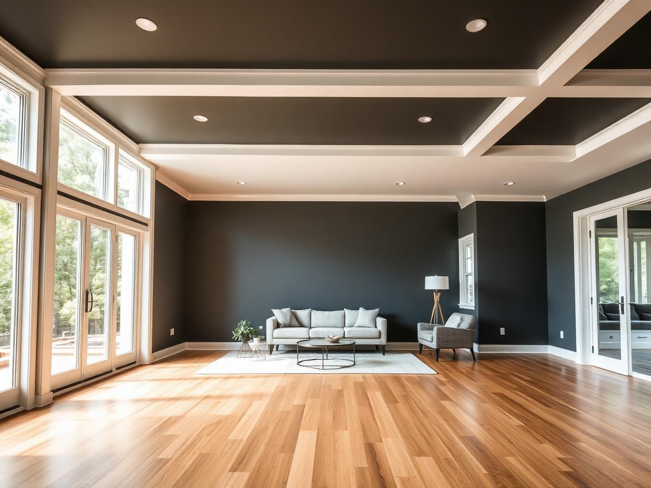Finished living room with a deep charcoal accent wall and new white trim